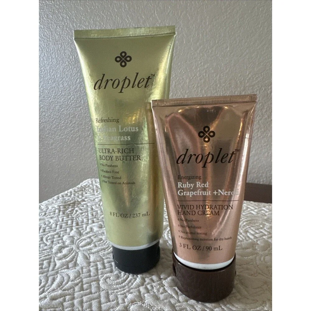 Droplet Ruby Red Grapefruit+Neroli hand cream, Indian Lotus+Seagrass Body Butter